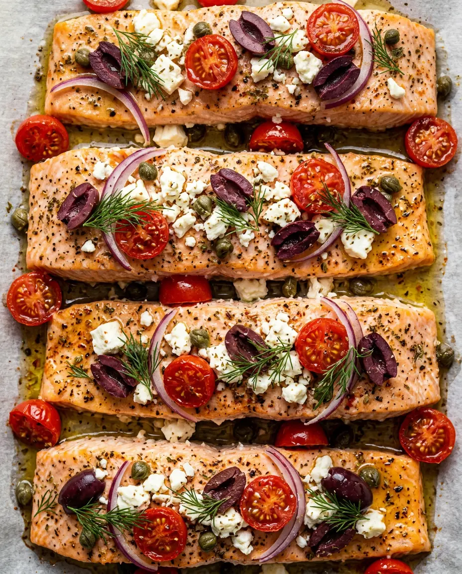 Mediterranean Baked Salmon With Lemon and Garlic (Easy) Overhead view of Mediterranean baked salmon fillets with feta, cherry tomatoes, Kalamata olives, capers, and fresh dill