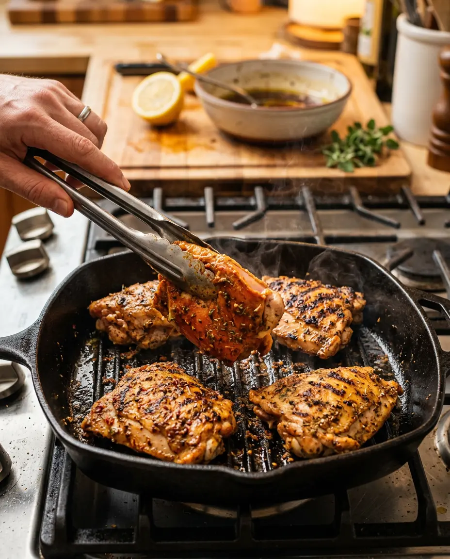 Marinated chicken searing on a cast-iron grill pan with char marks, a key step in making a mediterranean chicken bowl.