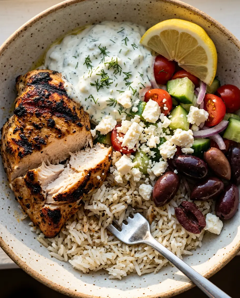 Close-up angled view of a mediterranean chicken bowl with a fork, showing juicy chicken, tzatziki, feta, and olives over rice.
