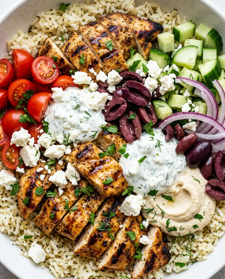 Overhead view of a mediterranean chicken bowl with charred chicken, feta, olives, tzatziki, and fresh herbs over lemon rice.