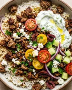 Mediterranean Ground Beef Bowls With Creamy Tzatziki