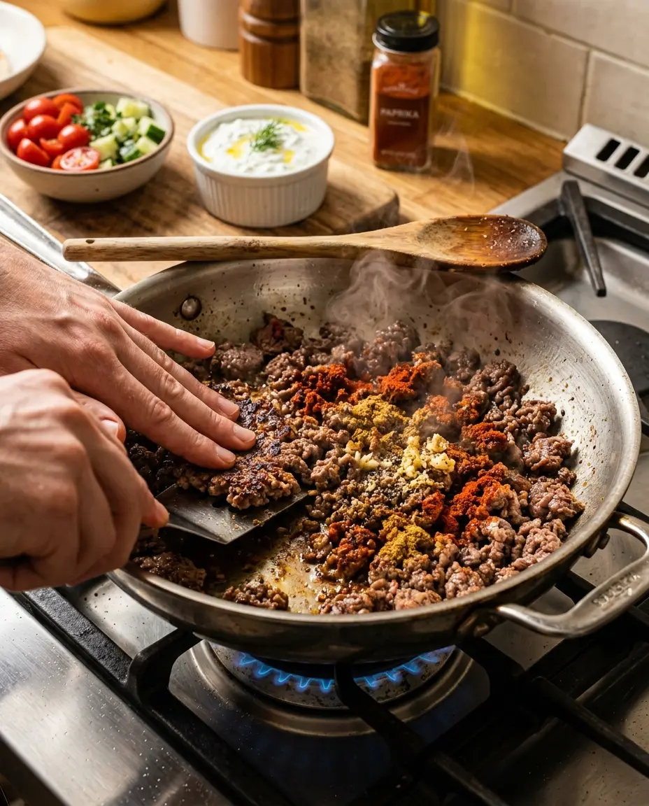 Mediterranean Ground Beef Bowls With Creamy Tzatziki Ground beef searing in a skillet with spices for Mediterranean ground beef bowls with fresh toppings nearby