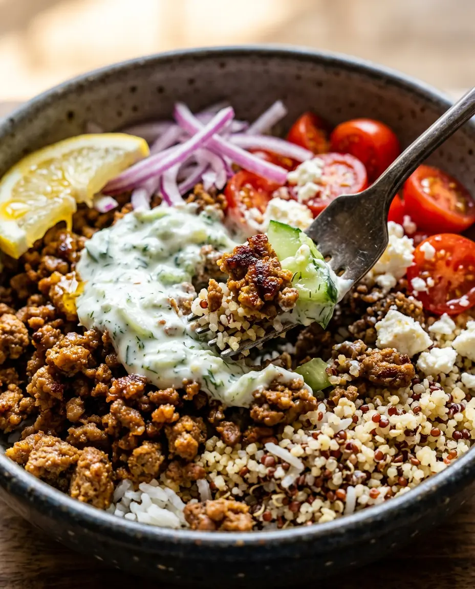 Mediterranean Ground Beef Bowls With Creamy Tzatziki Close-up of a Mediterranean ground beef bowl with a fork, tzatziki, feta, tomatoes, and a lemon wedge
