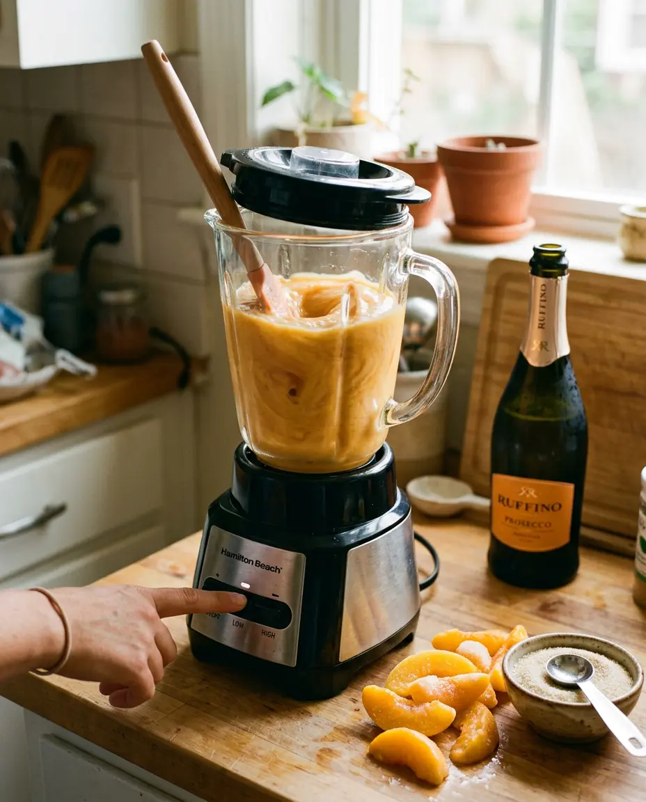 Peach Bellini: A Refreshing Brunch Cocktail Blender filled with creamy peach bellini purée beside peach slices, sugar, and a bottle of Prosecco