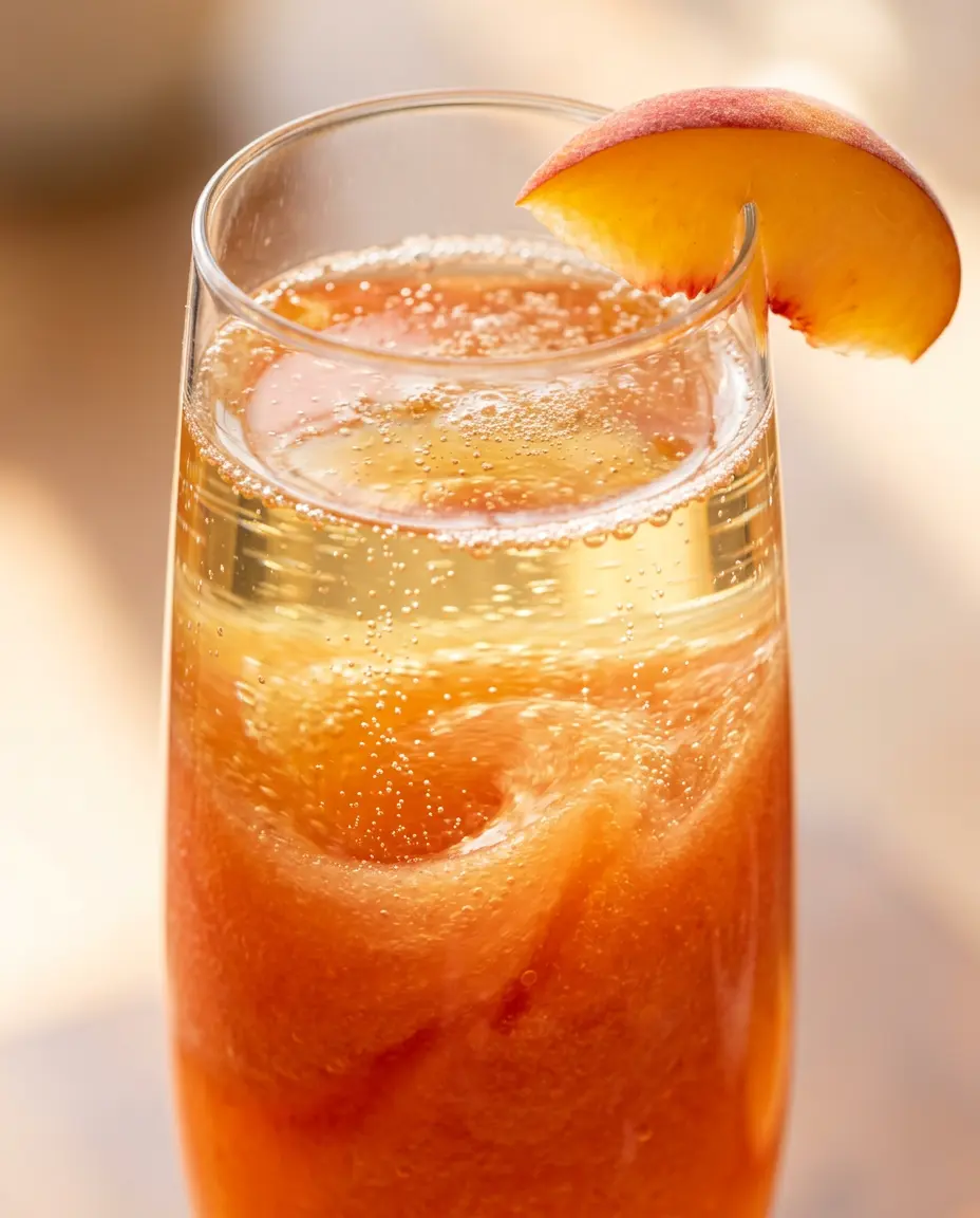 Peach Bellini: A Refreshing Brunch Cocktail Angled close-up of a peach bellini showing layered purée and Prosecco with a peach garnish on the rim