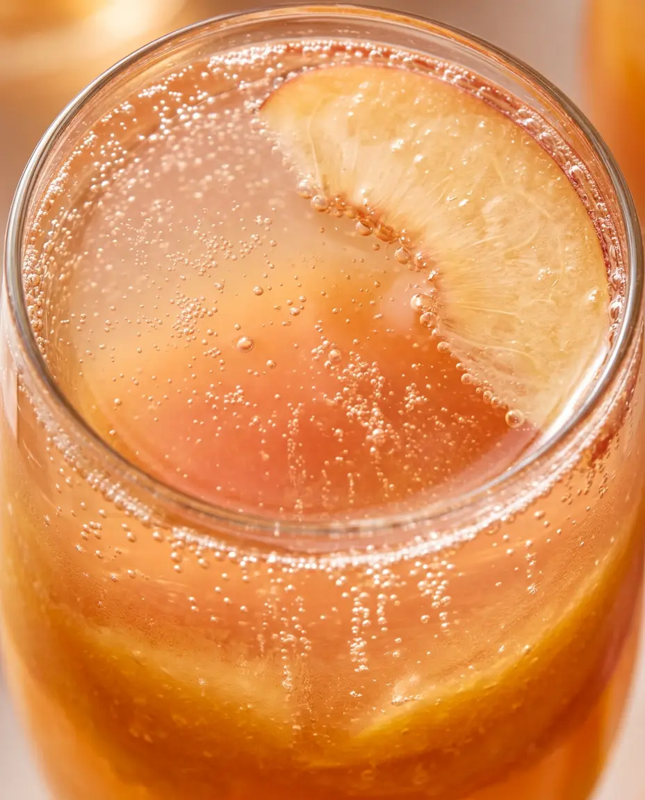 Close-up overhead view of a peach bellini in a champagne flute with golden purée and rising bubbles