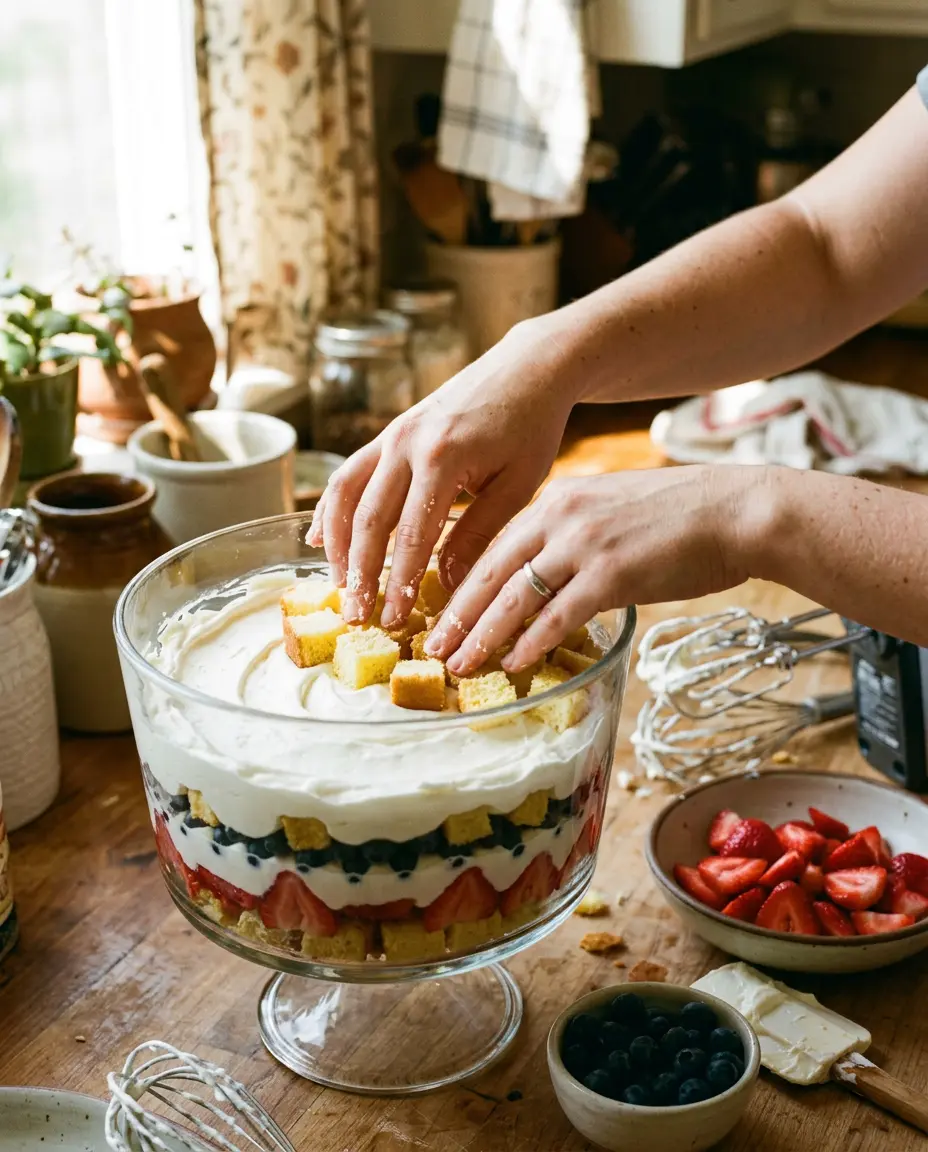 Hands pressing pound cake cubes into cream filling while assembling a red white and blue trifle