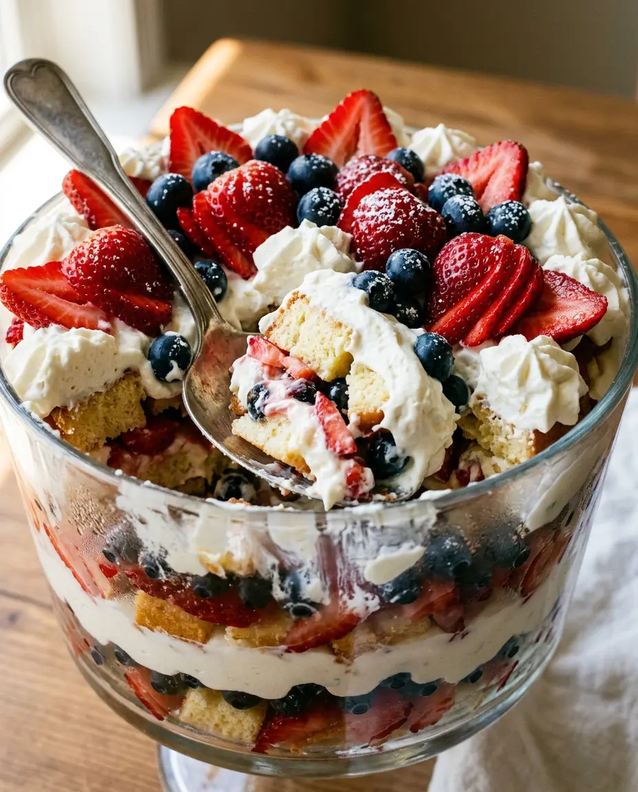 Red white and blue trifle with a serving spoon revealing layered cream, pound cake, and fresh berries