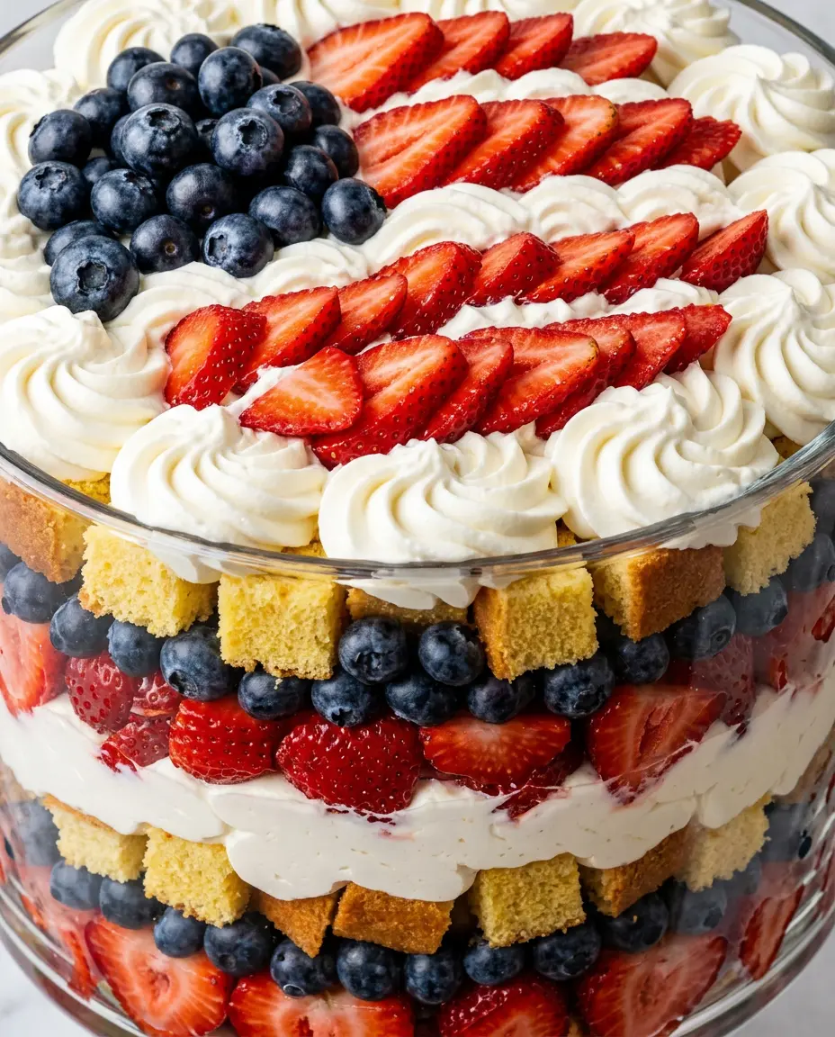 Red White and Blue Trifle — Easy Patriotic Dessert Overhead close-up of a red white and blue trifle with whipped cream, strawberries, and blueberries
