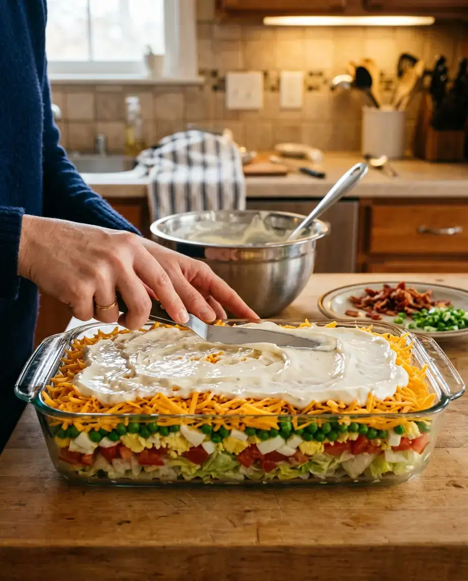 Seven Layer Salad: A Classic Retro Side Dish Hands using an offset spatula to spread creamy dressing over a seven layer salad in a glass baking dish