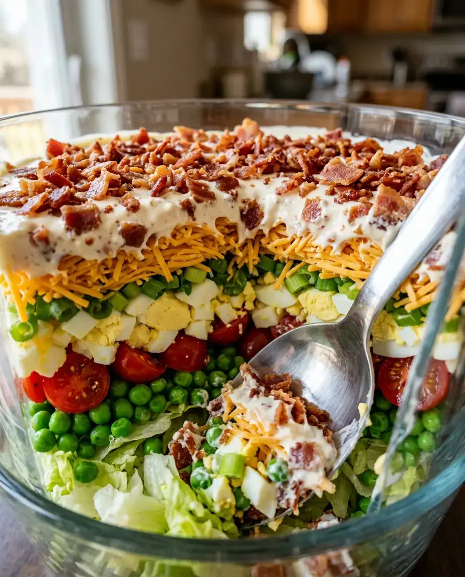 Seven Layer Salad: A Classic Retro Side Dish Close-up cross-section of a seven layer salad showing all layers from bacon and dressing to lettuce at the base