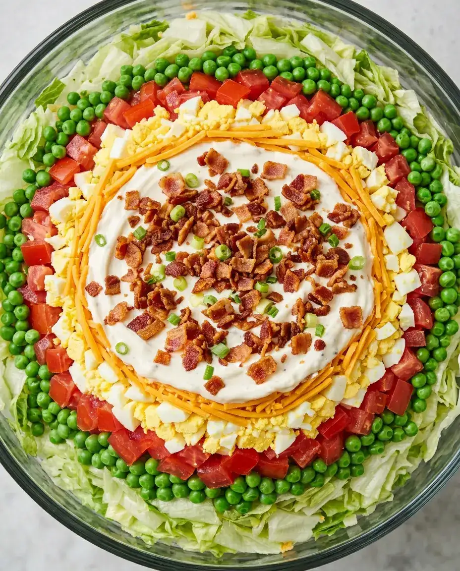 Overhead view of a seven layer salad in a glass dish showing colorful layers of vegetables, eggs, cheese, and bacon