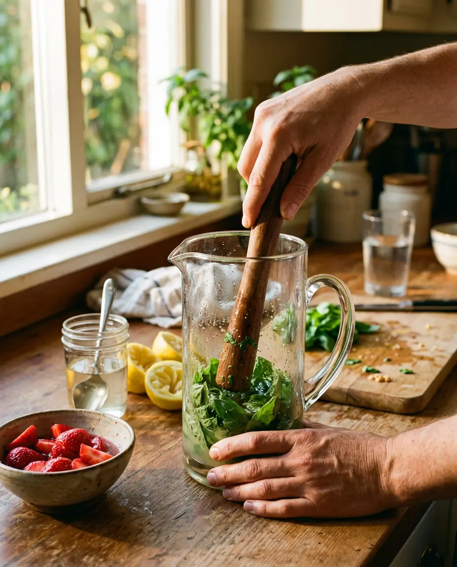 Hands muddling basil leaves in a glass pitcher with strawberries and lemons nearby for strawberry basil lemonade