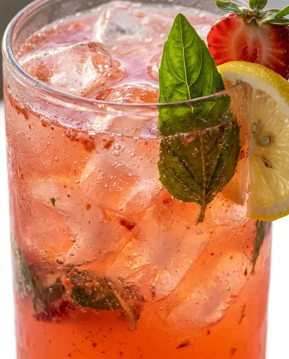 Close-up of a tall glass of strawberry basil lemonade with ice, basil sprig, lemon wheel, and strawberry garnish