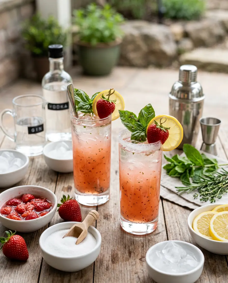 Overhead view of a glass pitcher filled with pink strawberry basil lemonade, ice, lemon slices, and basil leaves