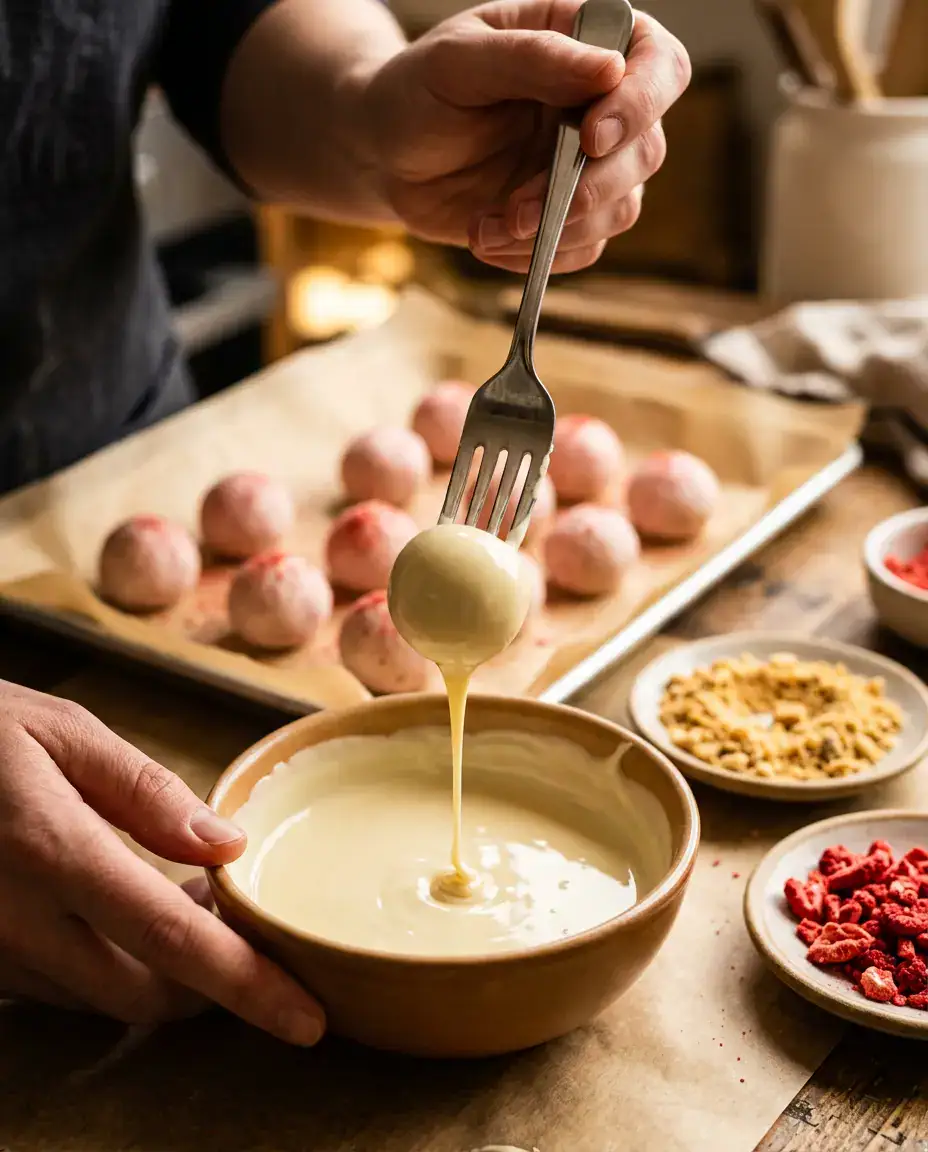 Strawberry Shortcake Truffles — No Bake & Easy Strawberry shortcake truffle on a fork being dipped into melted white chocolate with toppings nearby