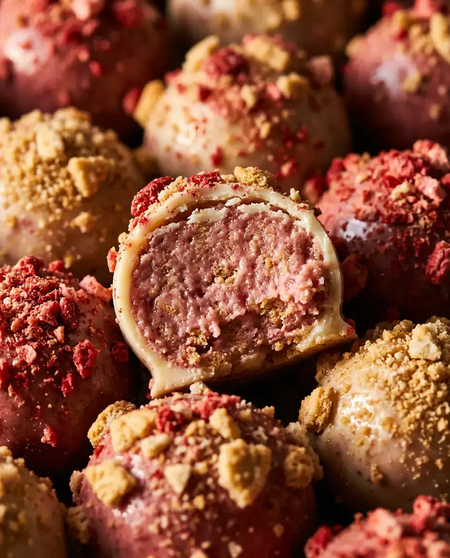 Strawberry Shortcake Truffles — No Bake & Easy Close-up of a halved strawberry shortcake truffle showing creamy pink filling surrounded by whole truffles