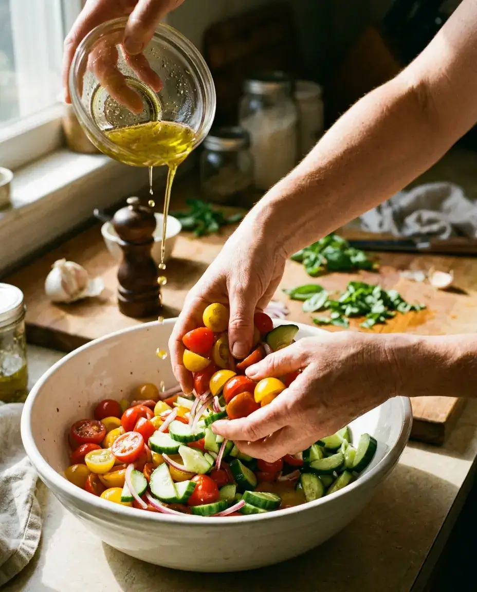 Tomato Cucumber Salad: Cool, Crisp & Ready Fast Hands tossing tomato cucumber salad in a white bowl while olive oil vinaigrette is poured over the vegetables