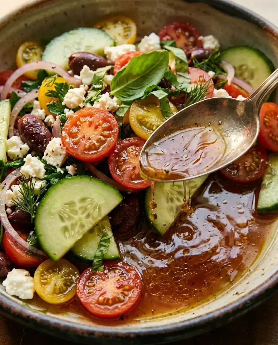 Tomato Cucumber Salad: Cool, Crisp & Ready Fast Close-up of tomato cucumber salad with a serving spoon, glossy vinaigrette pooled beneath juicy vegetables and basil