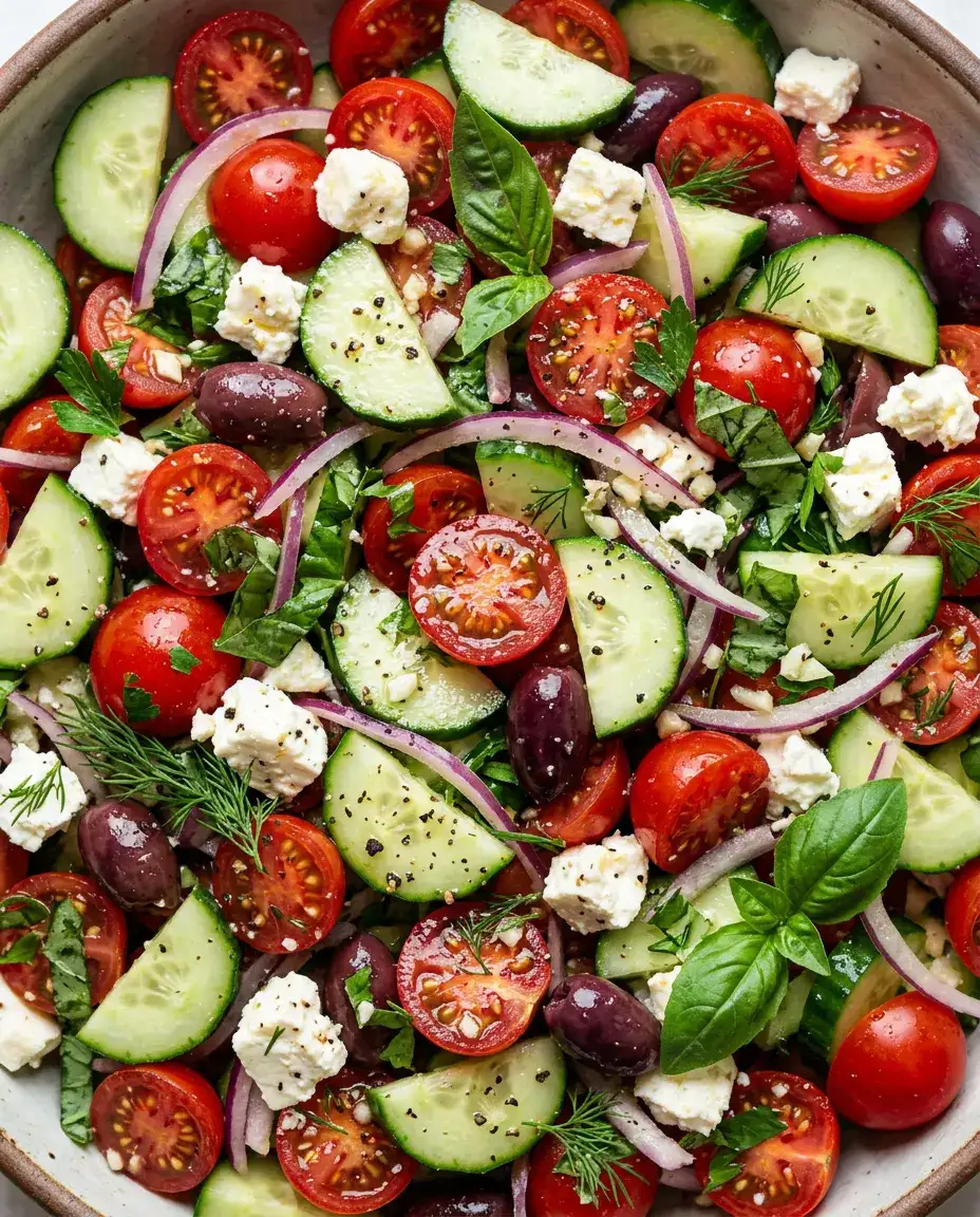 Tomato Cucumber Salad: Cool, Crisp & Ready Fast Overhead close-up of a fresh tomato cucumber salad with cherry tomatoes, cucumbers, red onion, and basil in vinaigrette