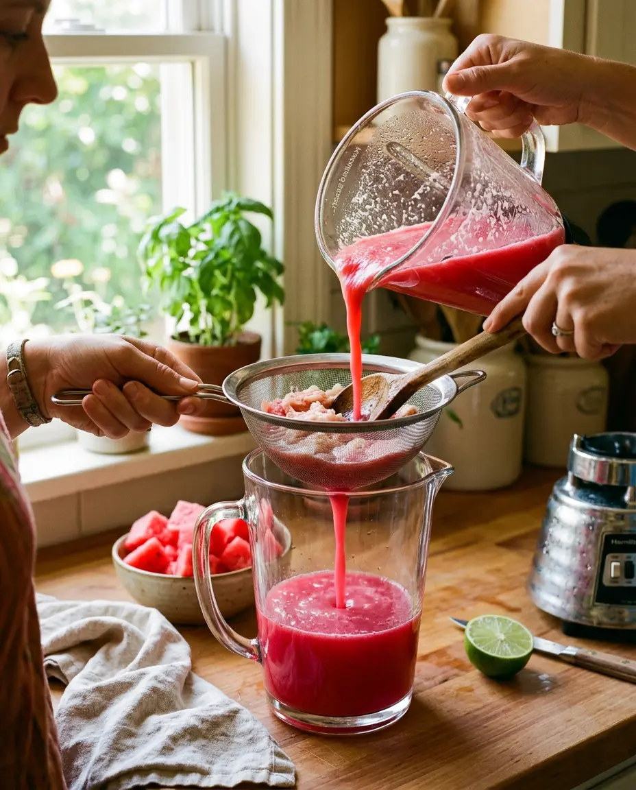 Watermelon agua fresca puree being strained through a fine-mesh sieve into a glass pitcher