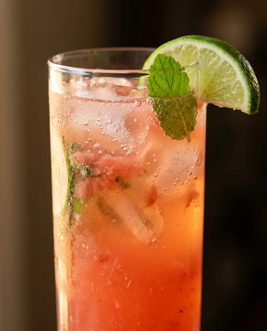 Close-up of chilled watermelon agua fresca glass with lime wedge, mint, and condensation droplets