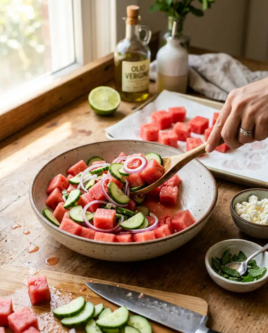 Hand tossing watermelon feta salad ingredients in a bowl with cucumber and onion, prep bowls of feta and mint nearby.