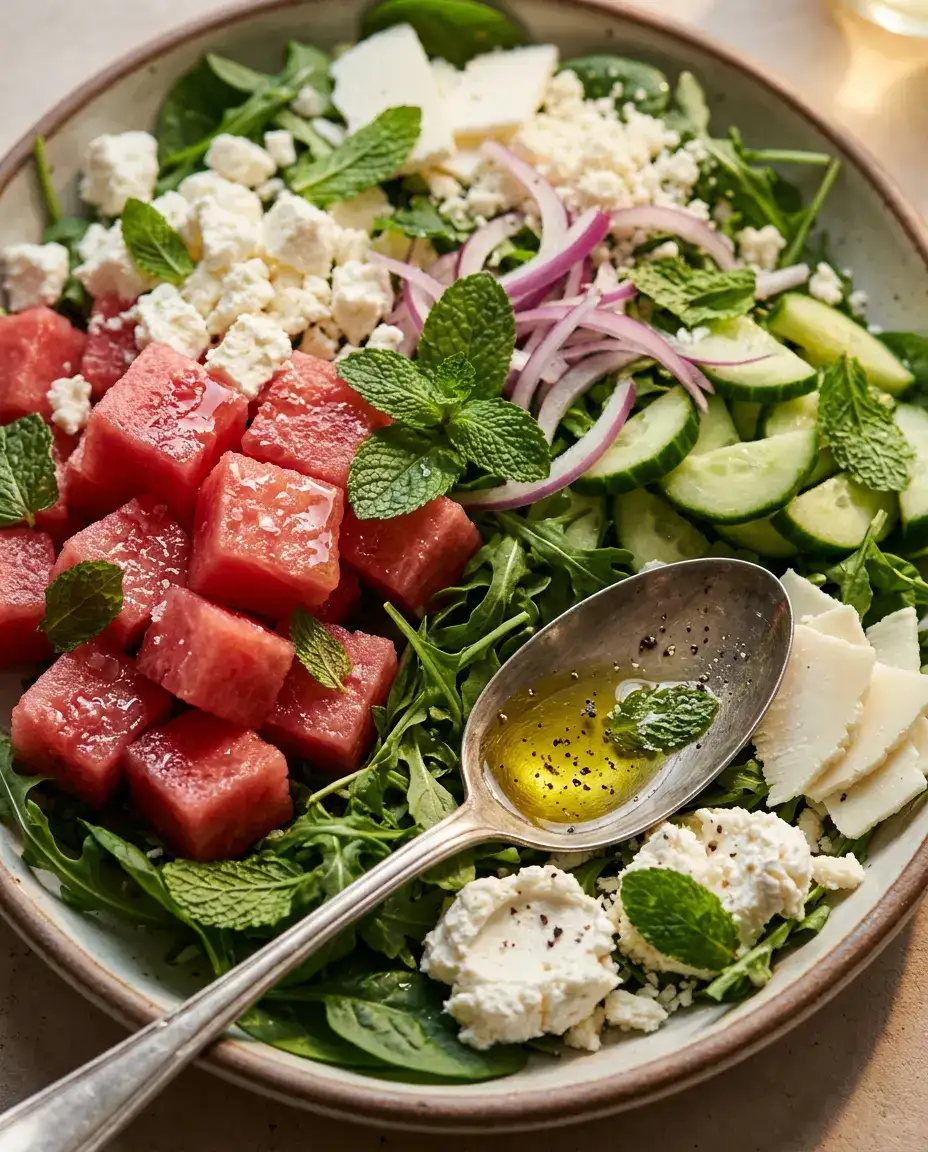 Watermelon feta salad with serving spoon, glistening cubes, feta, mint, and flaky salt in warm light.