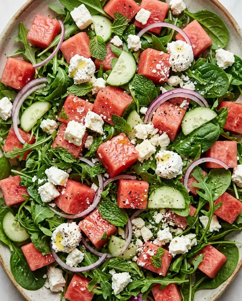 Overhead close-up of watermelon feta salad with pink cubes, white feta, mint leaves, cucumber, and red onion on a platter.