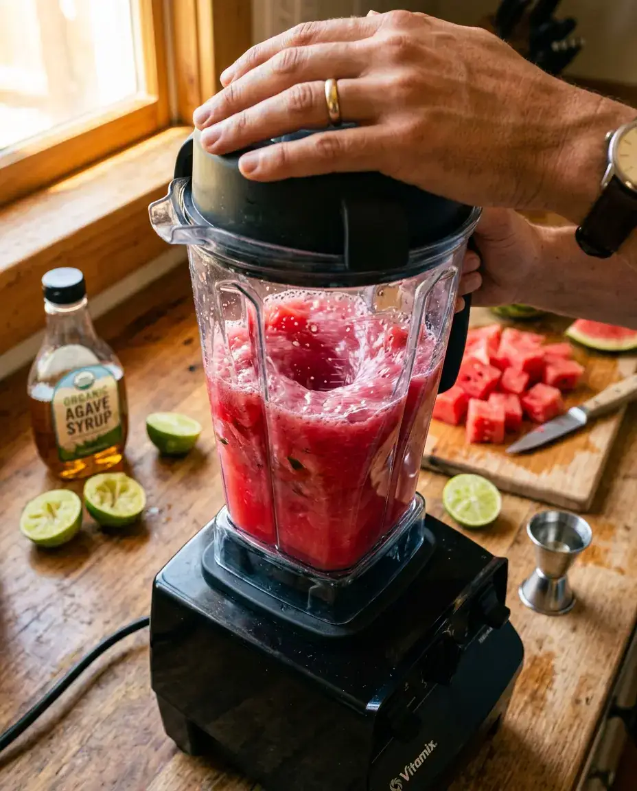 Watermelon Margarita: Fresh, Blended & Ice-Cold Blender mid-blend with bright pink watermelon margarita purée, surrounded by fresh limes, agave, and tequila