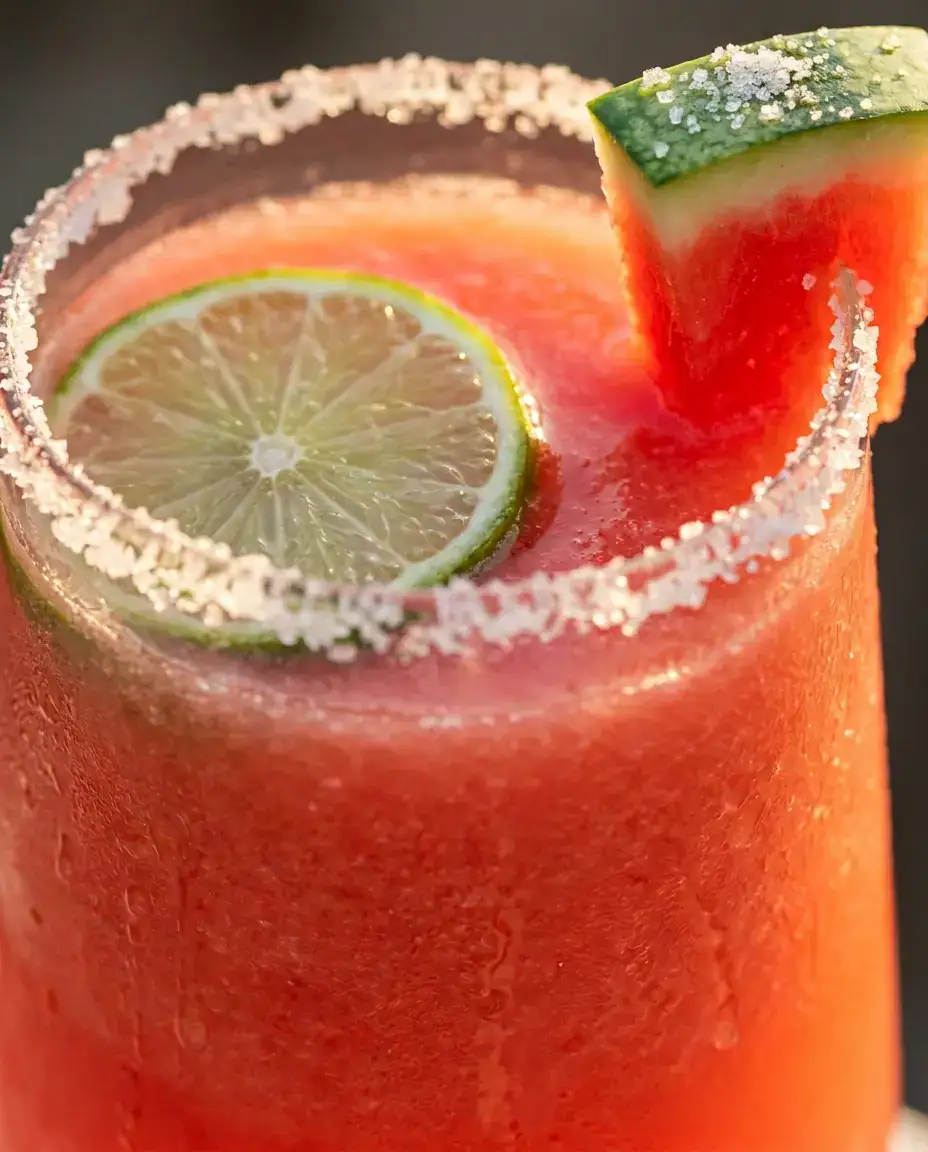 Watermelon Margarita: Fresh, Blended & Ice-Cold Close-up tilted view of a glowing watermelon margarita with salt rim, lime wheel, and condensation on glass
