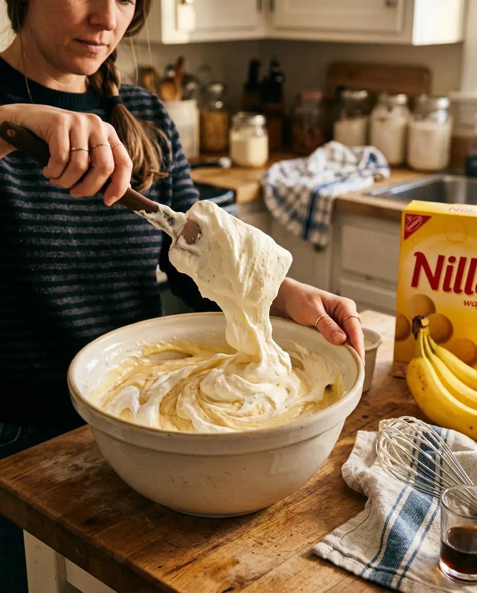 Southern Banana Pudding With Vanilla Wafers (Easy) Hands folding whipped cream into vanilla pudding in a mixing bowl to make banana pudding filling