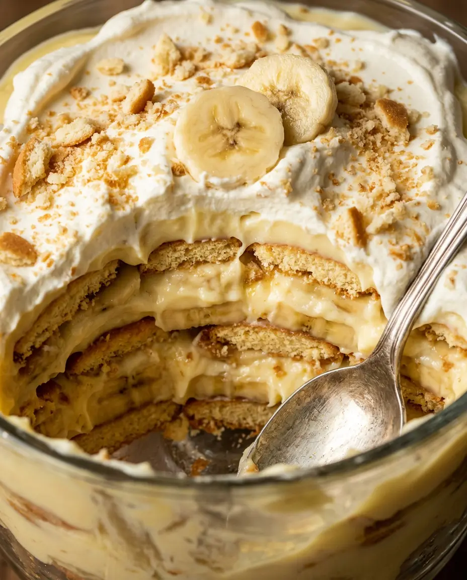 Southern Banana Pudding With Vanilla Wafers (Easy) Cross-section of layered banana pudding showing softened wafers, banana slices, and creamy pudding filling