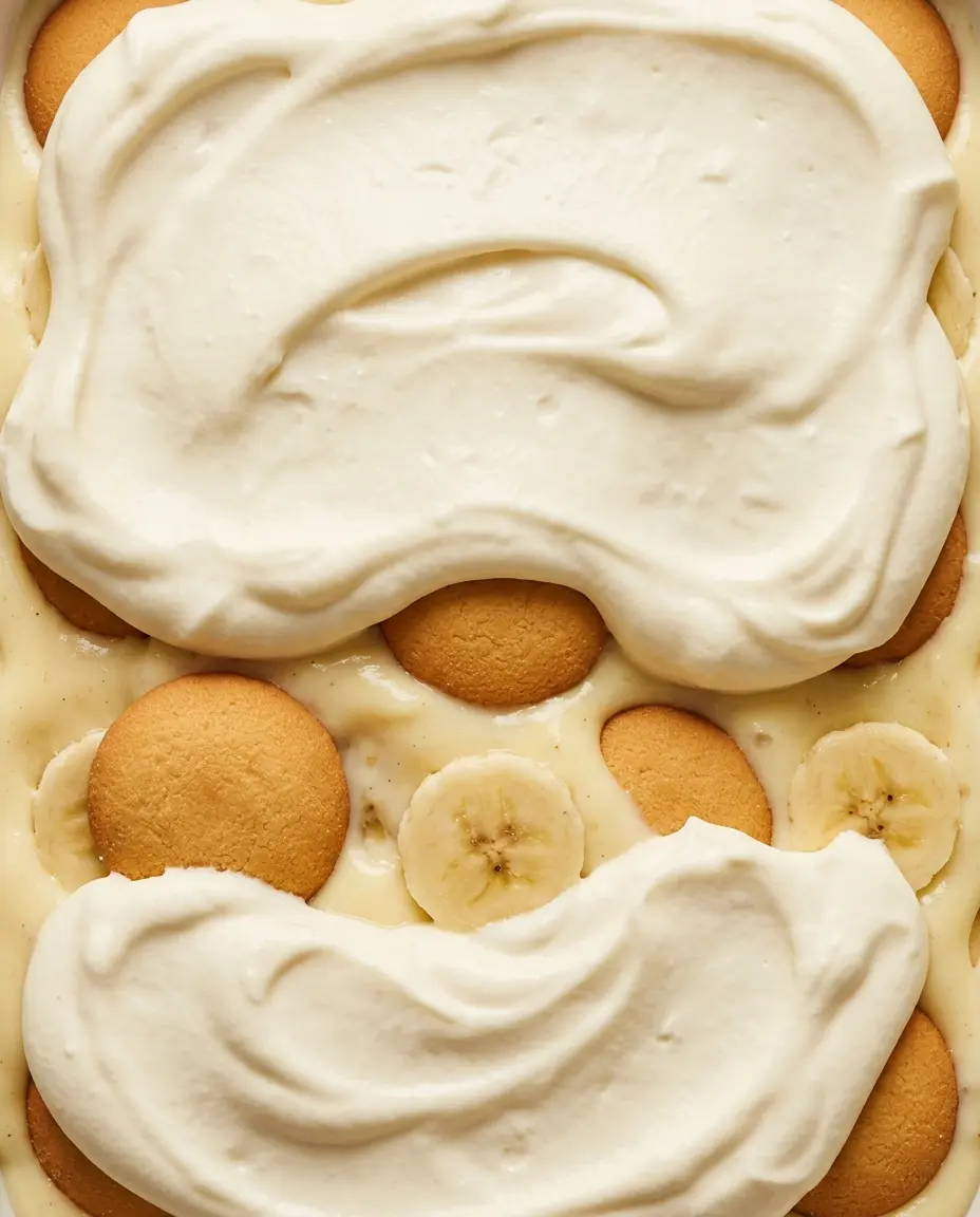 Southern Banana Pudding With Vanilla Wafers (Easy) Overhead close-up of creamy banana pudding with vanilla wafer rounds and banana slices beneath the surface
