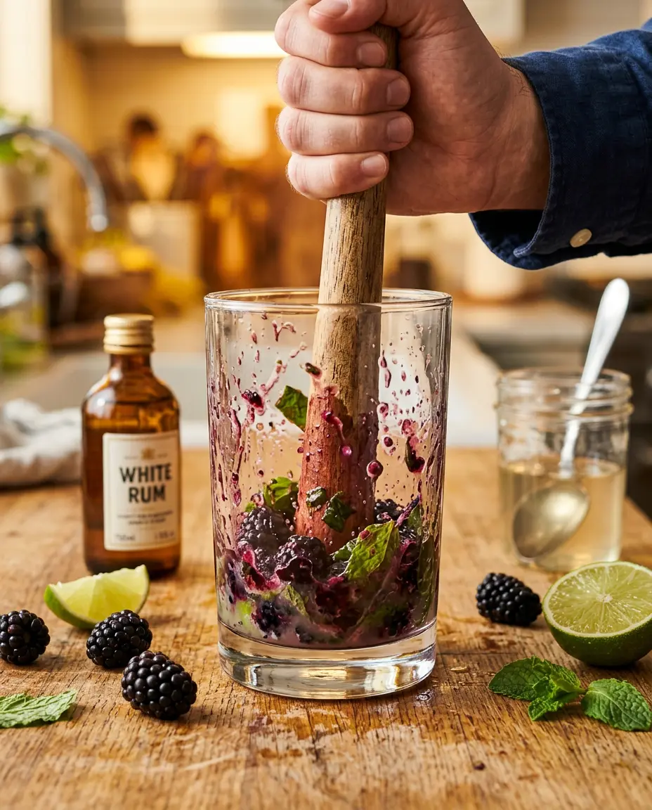 Blackberry Mojito: Fresh Berry Rum Cocktail (Easy) Hand pressing a muddler into blackberries and mint leaves in a glass to make a blackberry mojito