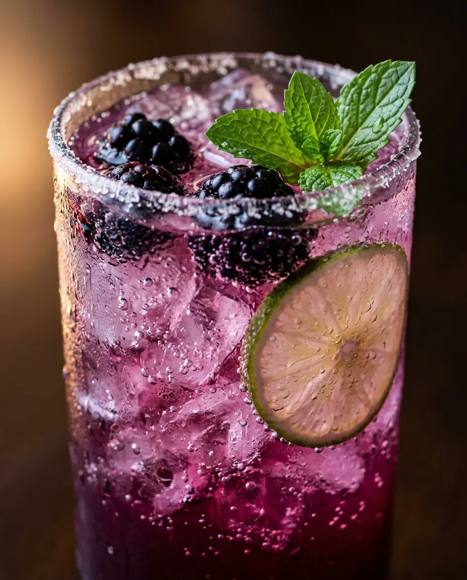 Blackberry Mojito: Fresh Berry Rum Cocktail (Easy) Close-up of a blackberry mojito with carbonation bubbles, floating blackberries, mint, and lime in purple liquid