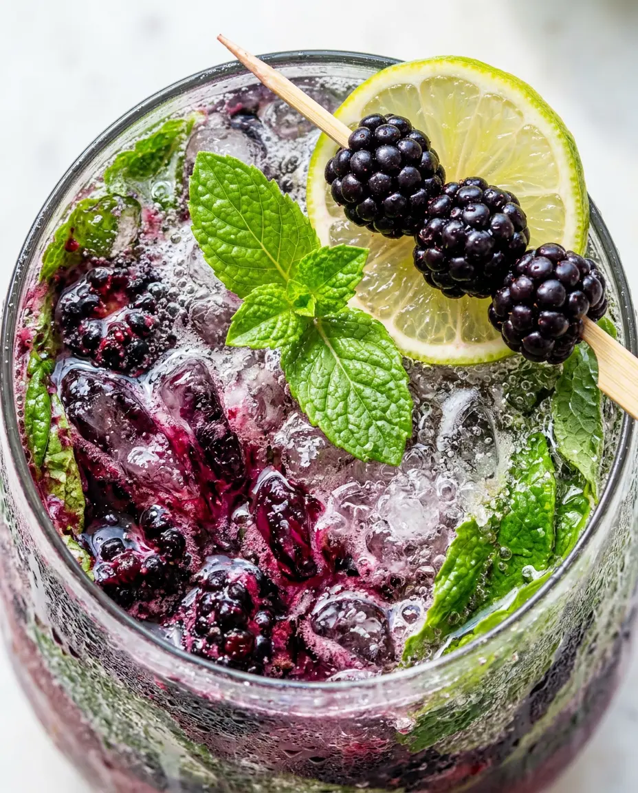 Blackberry Mojito: Fresh Berry Rum Cocktail (Easy) Overhead close-up of a blackberry mojito with purple berry swirls, crushed ice, fresh mint, and lime garnish