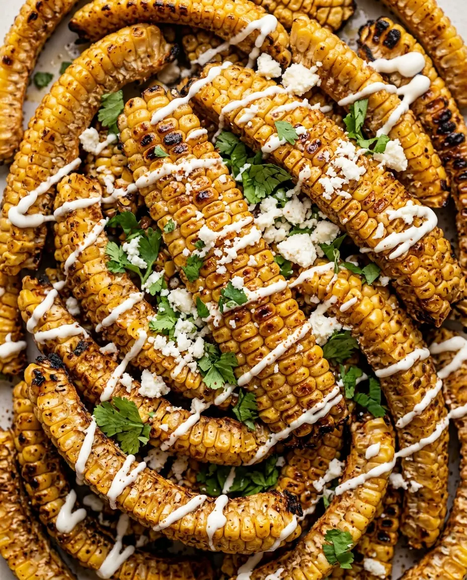 Corn Ribs: Crispy, Caramelized and Ready in 25 Min Overhead close-up of charred corn ribs topped with Cotija cheese, cilantro, crema, and Tajín seasoning