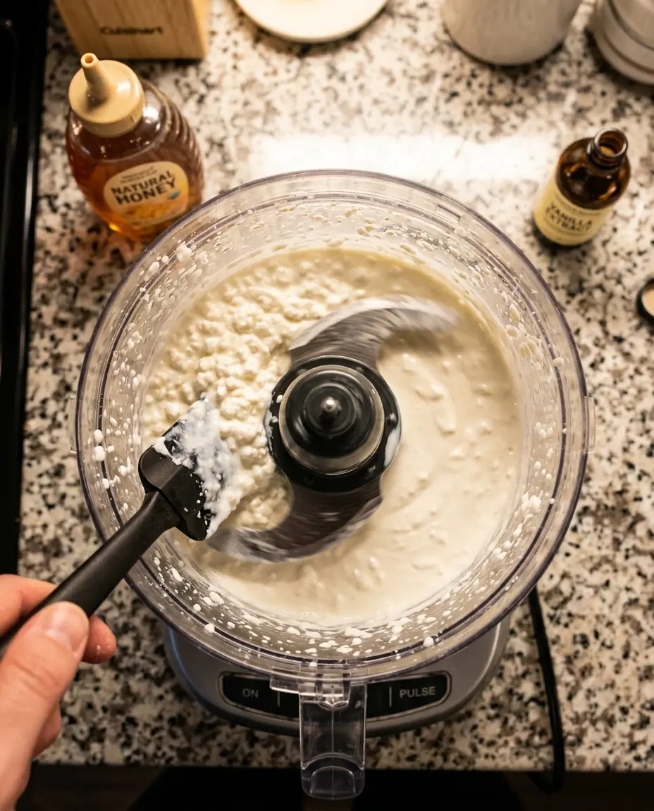 Cottage Cheese Ice Cream: Creamy High Protein Treat Food processor blending cottage cheese ice cream base from curds to smooth consistency with honey and vanilla nearby