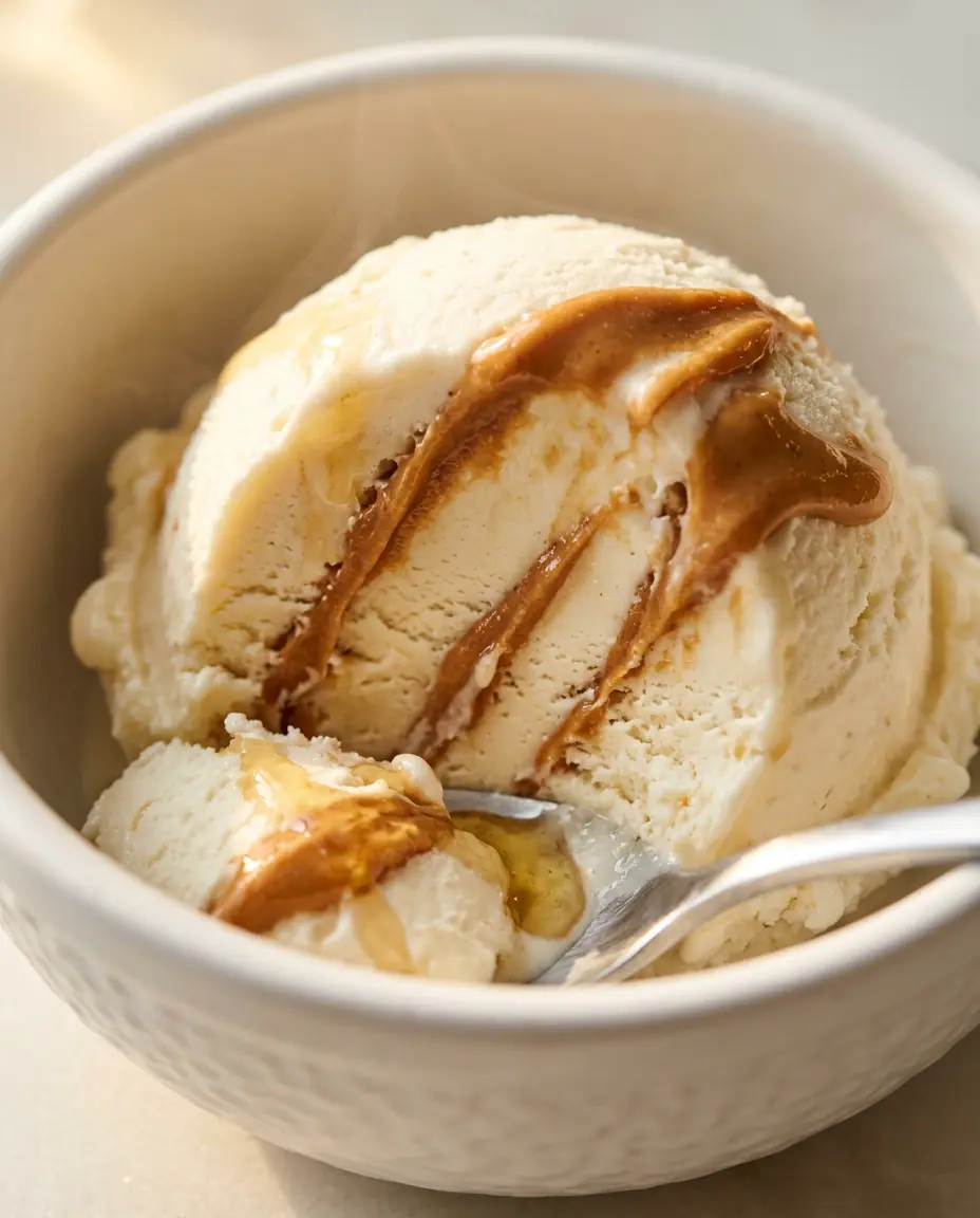 Cottage Cheese Ice Cream: Creamy High Protein Treat Spoon carving into cottage cheese ice cream revealing creamy interior with melted peanut butter swirl and honey drizzle