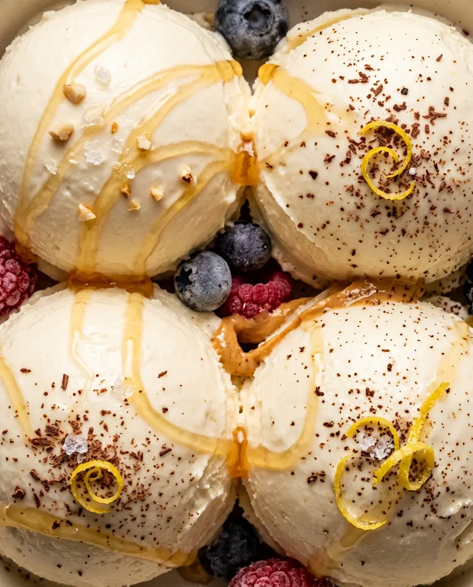 Cottage Cheese Ice Cream: Creamy High Protein Treat Close-up of creamy cottage cheese ice cream scoops drizzled with honey and topped with sea salt and crushed nuts
