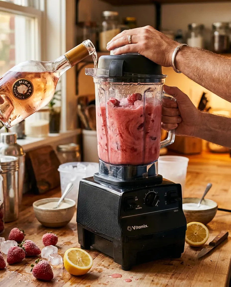 Frose Recipe: Blend a Refreshing Frozen Rosé Slushie Blender swirling pink frosé mixture with frozen strawberries, rosé wine bottle, and ice on the counter