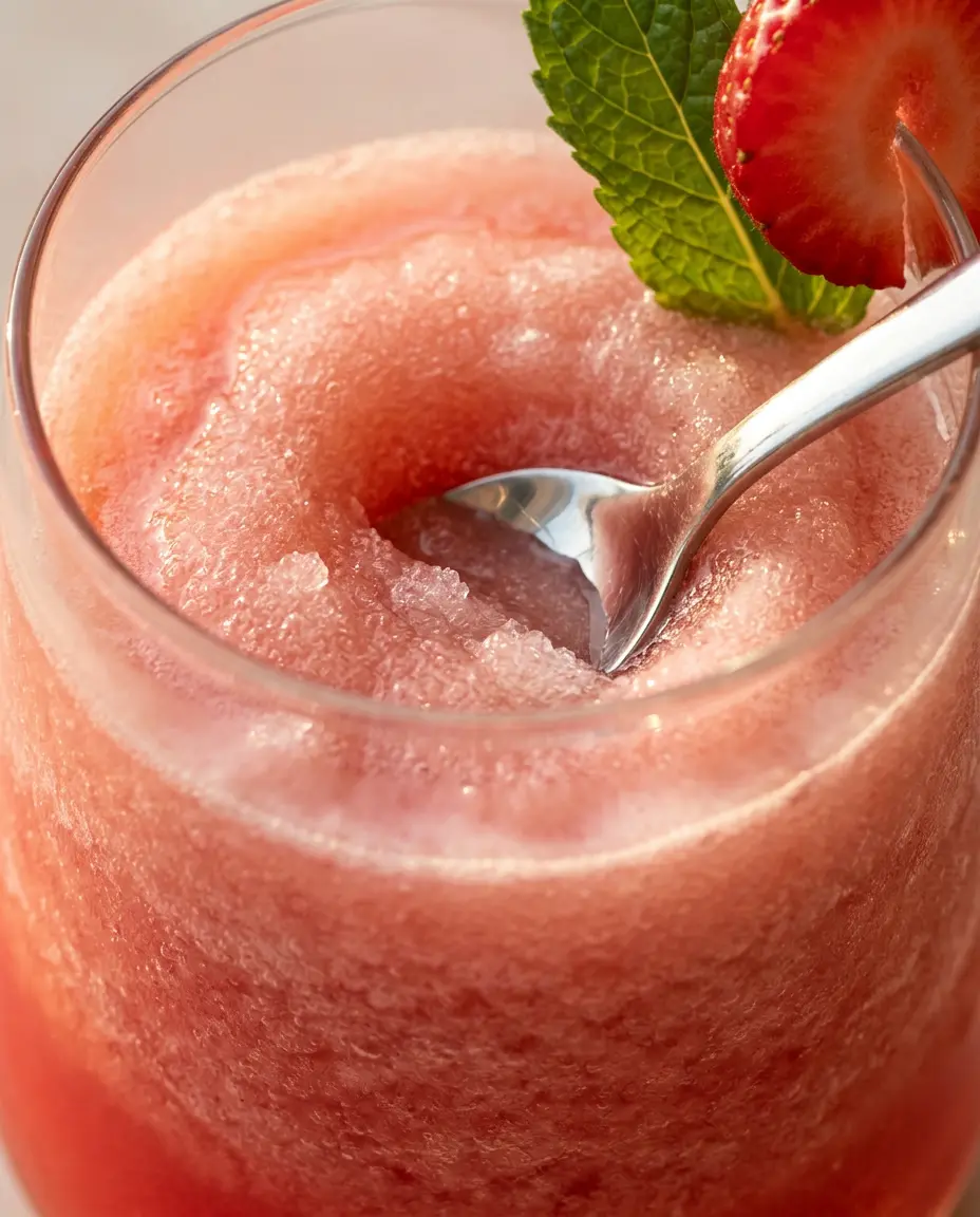 Frose Recipe: Blend a Refreshing Frozen Rosé Slushie Close-up of a frosé glass with velvety pink slush, a small spoon inside, and strawberry-mint garnish