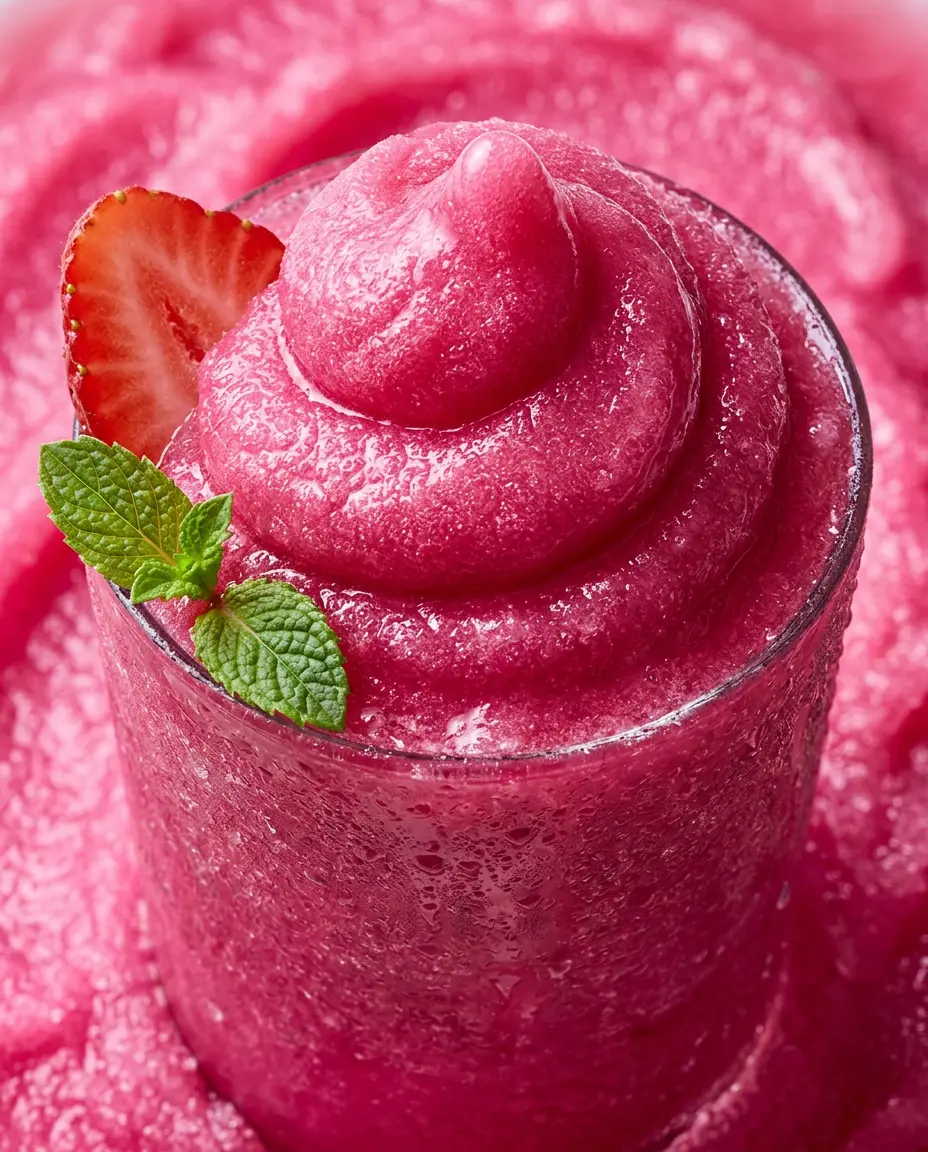 Frose Recipe: Blend a Refreshing Frozen Rosé Slushie Overhead close-up of a tall glass of frosé with pink slushy swirls, strawberry slice, and mint garnish