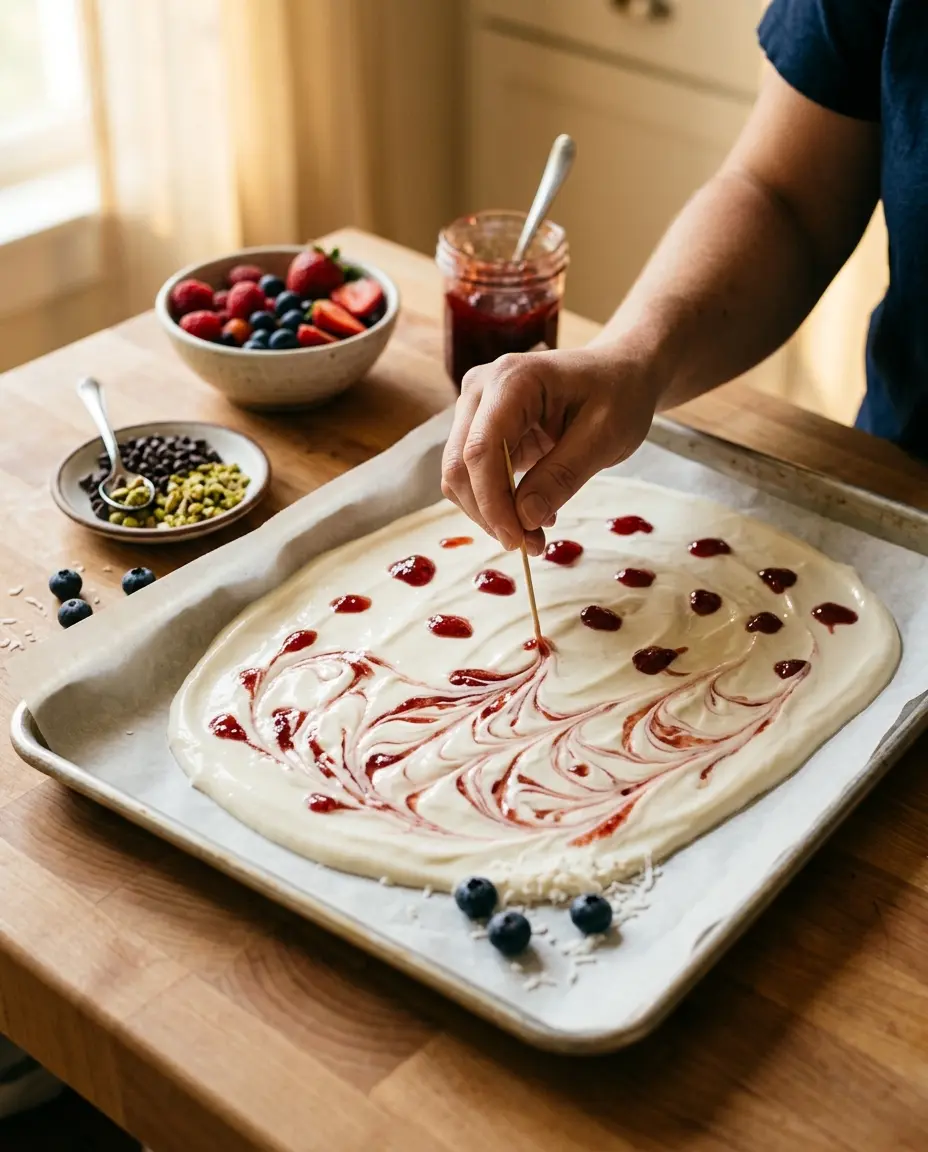Frozen Yogurt Bark: A Healthy Snack in Minutes Hand swirling strawberry jam into yogurt on a sheet pan to make frozen yogurt bark