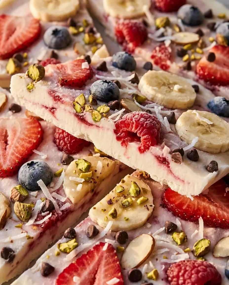 Frozen Yogurt Bark: A Healthy Snack in Minutes Close-up of snapped frozen yogurt bark showing creamy interior with jam and fresh berries