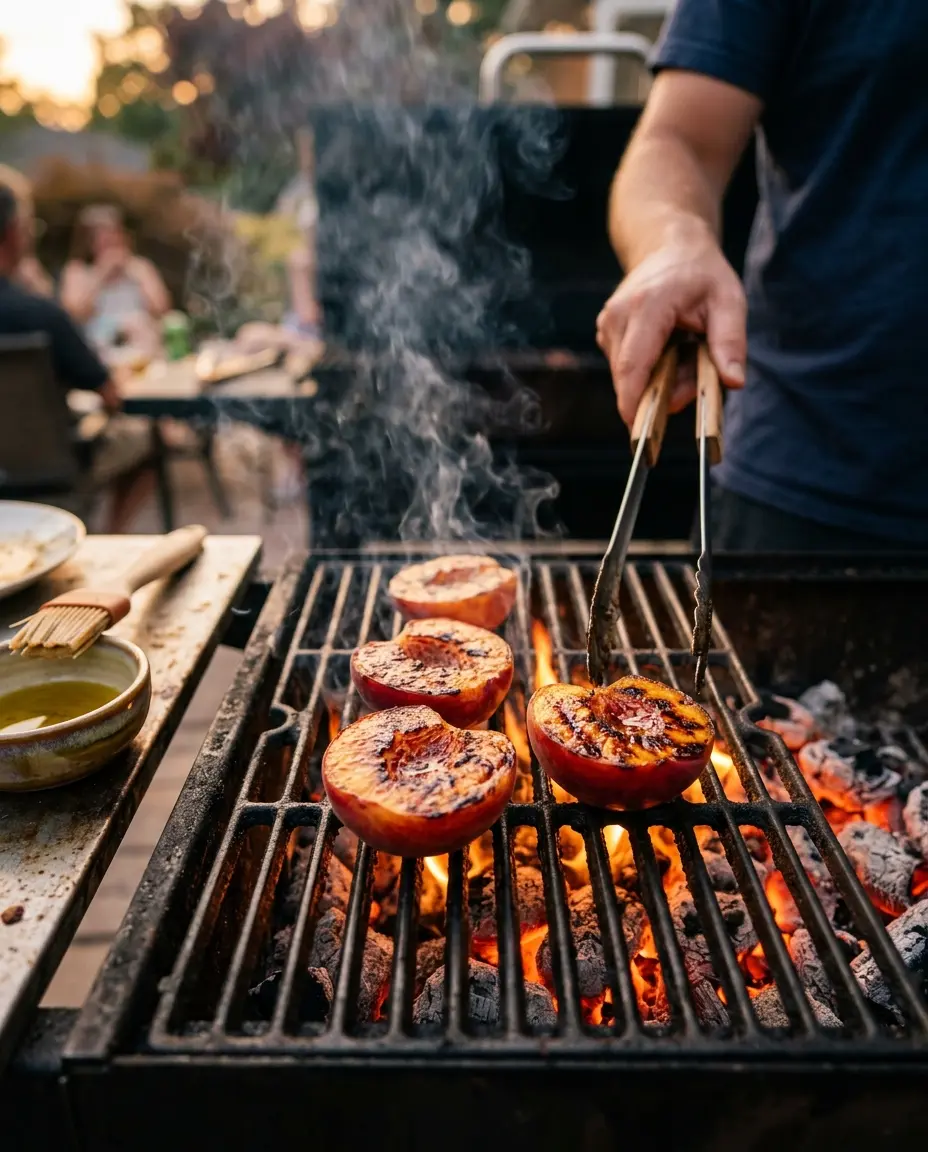 Peach halves grilling cut-side down over hot coals with smoke rising, a key step in making grilled peach salad
