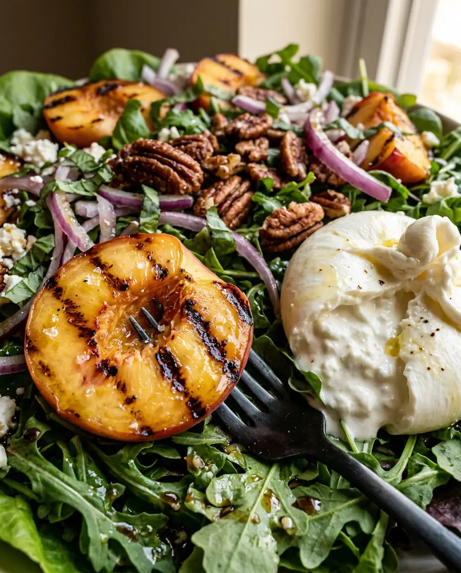 Low-angle view of grilled peach salad with split burrata, charred peaches, arugula, and a fork ready for the first bite