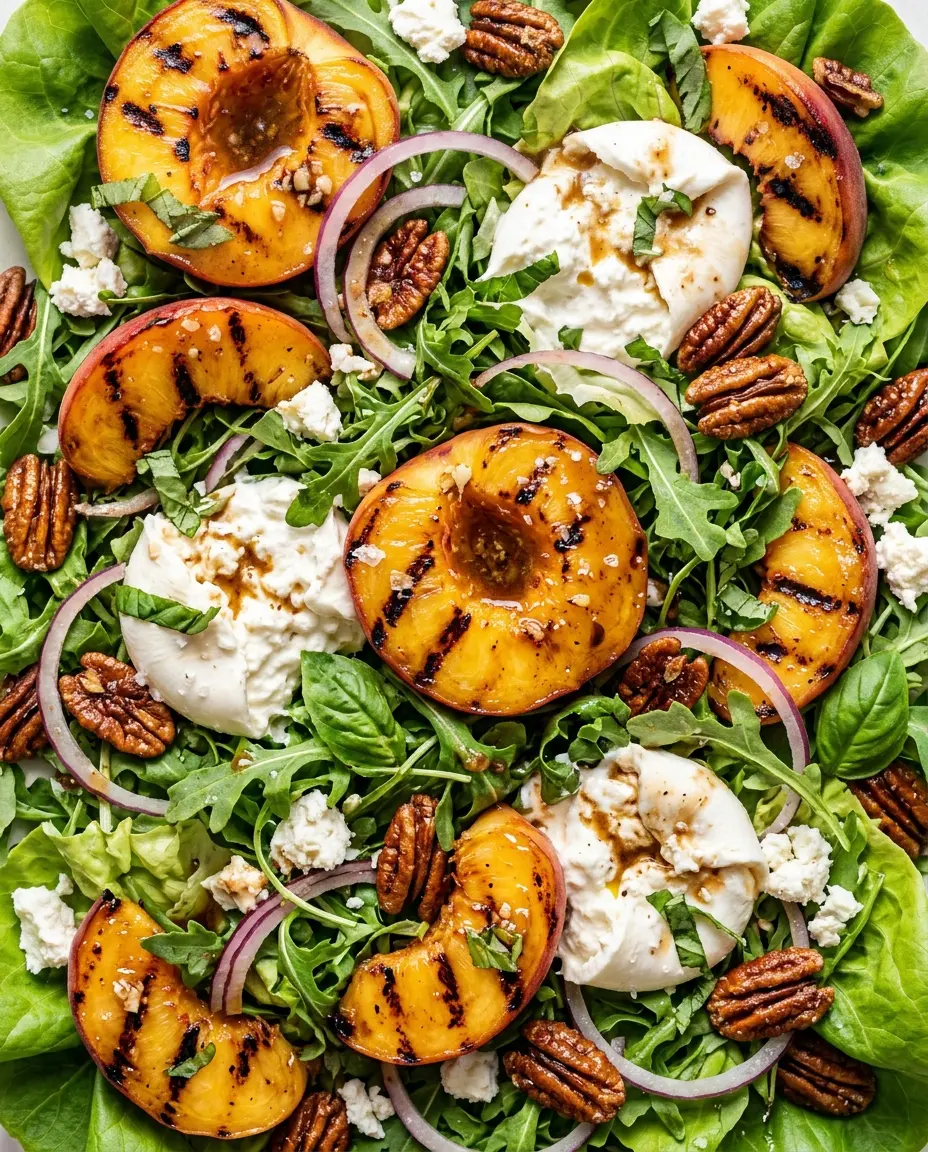 Grilled Peach Salad With Burrata and Arugula Overhead close-up of grilled peach salad with charred peaches, burrata, arugula, pecans, and balsamic-honey vinaigrette