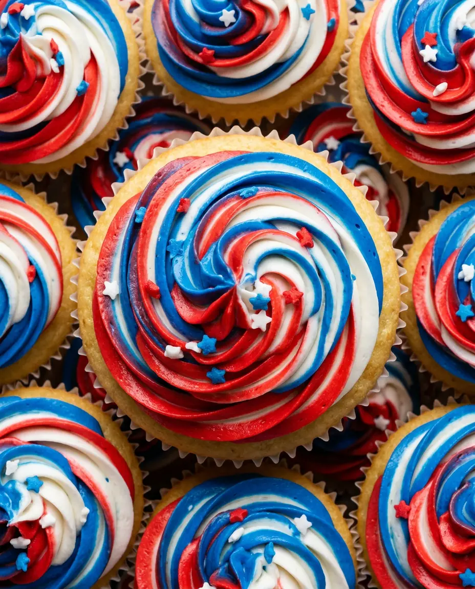July 4th Cupcakes: Festive Red White Blue Treats Overhead close-up of July 4th cupcakes with red, white, and blue swirled buttercream and star sprinkles